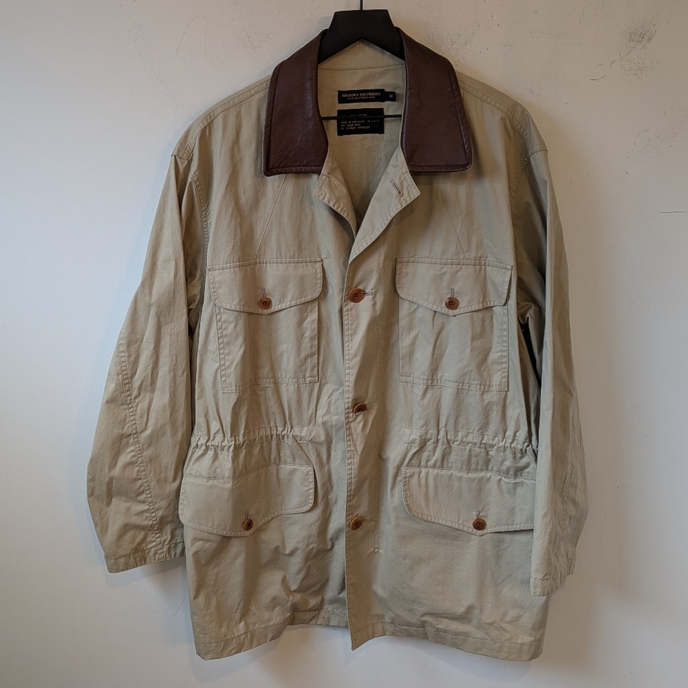 Brooks Brothers Leather Trim Classic Khaki Barn Chore Coat Jacket Medium